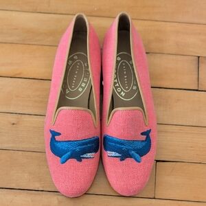 Stubbs & Wootton Coral Loafers with Blue Whale Embroidery